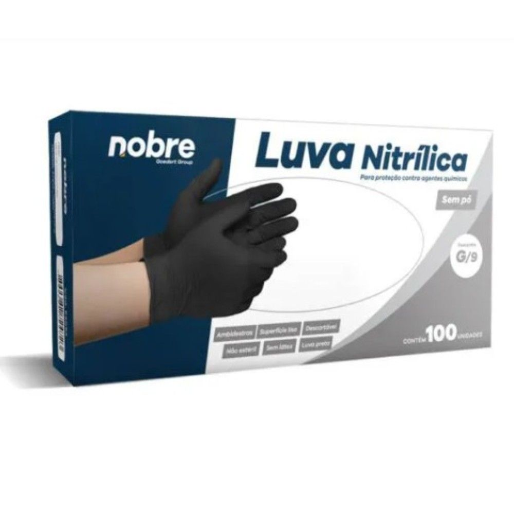 LUVA NITRILICA TAM G 9 PRETA SEM PO PARA PROTECAO CONTRA AGENTES QUIMICOS CX C/100UNID - CA44567- NOBRE