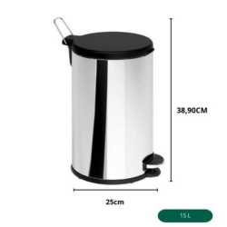LIXEIRA 15L  INOX REDONDA COM PEDAL E TAMPA PRETA - BRINOX